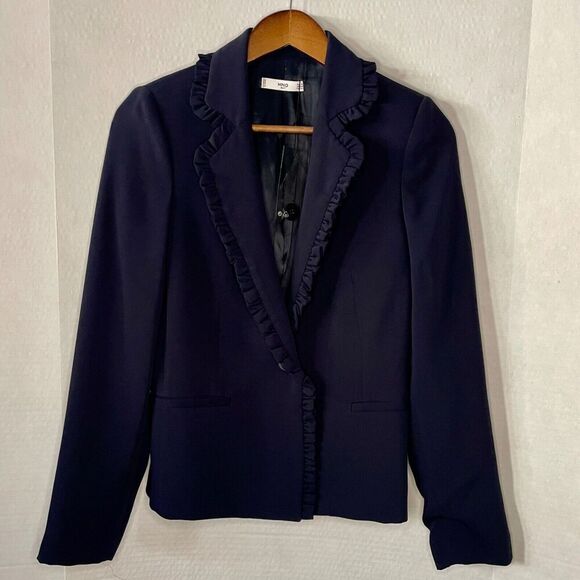 NWOT MNG Suit Mango Size XS Blazer Jacket - Navy Ruffles Long Sleeve Classic - Picture 1 of 9